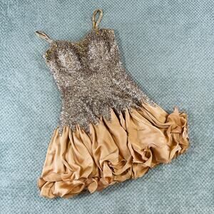 Vtg Beautiful 90s/Y2K Gold Sequin Mini Babydoll Fit/Flare Sweetheart Dress